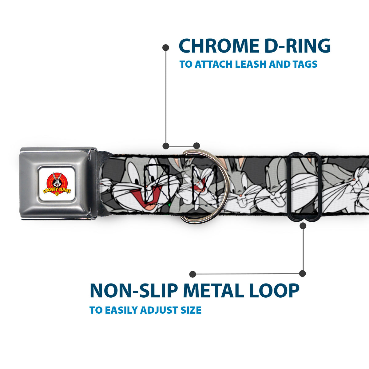 Looney Tunes Logo Full Color White Seatbelt Buckle Collar - Bugs Bunny CLOSE-UP Poses Charcoal Dog Collars Seatbelt Buckle Looney Tunes
