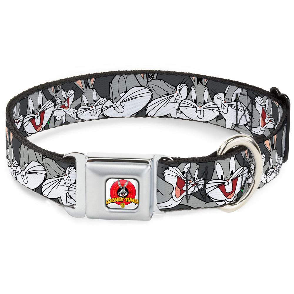 Looney Tunes Logo Full Color White Seatbelt Buckle Collar - Bugs Bunny CLOSE-UP Poses Charcoal Dog Collars Seatbelt Buckle Looney Tunes