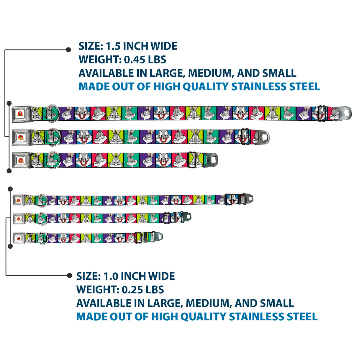 Looney Tunes Logo Full Color White Seatbelt Buckle Collar - Bugs Bunny Expression Blocks Multi Color Dog Collars Seatbelt Buckle Looney Tunes