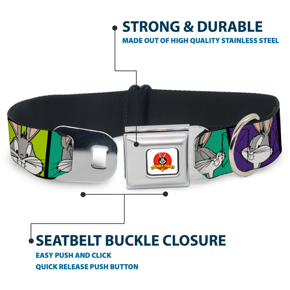 Looney Tunes Logo Full Color White Seatbelt Buckle Collar - Bugs Bunny Expression Blocks Multi Color Dog Collars Seatbelt Buckle Looney Tunes