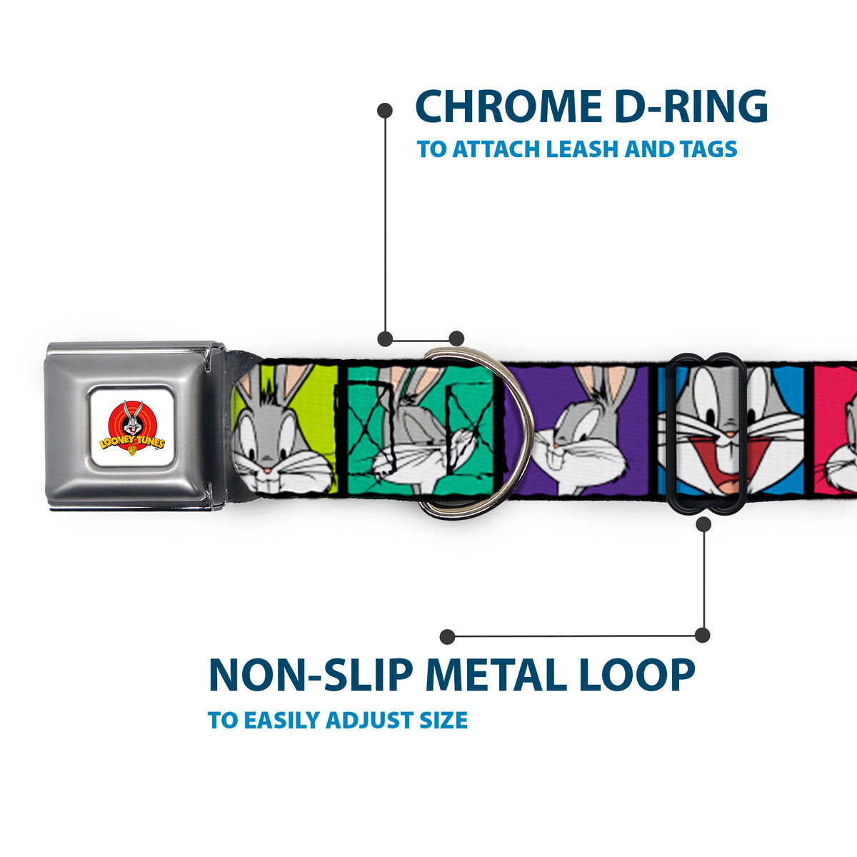 Looney Tunes Logo Full Color White Seatbelt Buckle Collar - Bugs Bunny Expression Blocks Multi Color Dog Collars Seatbelt Buckle Looney Tunes