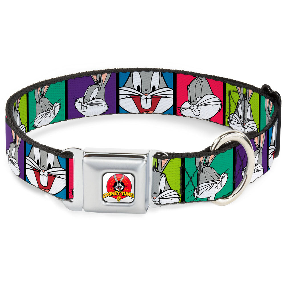 Looney Tunes Logo Full Color White Seatbelt Buckle Collar - Bugs Bunny Expression Blocks Multi Color Dog Collars Seatbelt Buckle Looney Tunes