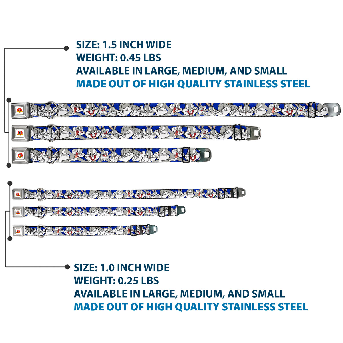 Looney Tunes Logo Full Color White Seatbelt Buckle Collar - Bugs Bunny CLOSE-UP Poses Blue Dog Collars Seatbelt Buckle Looney Tunes