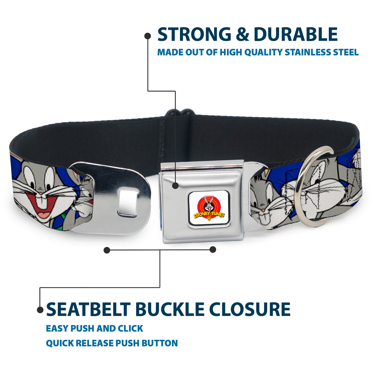 Looney Tunes Logo Full Color White Seatbelt Buckle Collar - Bugs Bunny CLOSE-UP Poses Blue Dog Collars Seatbelt Buckle Looney Tunes