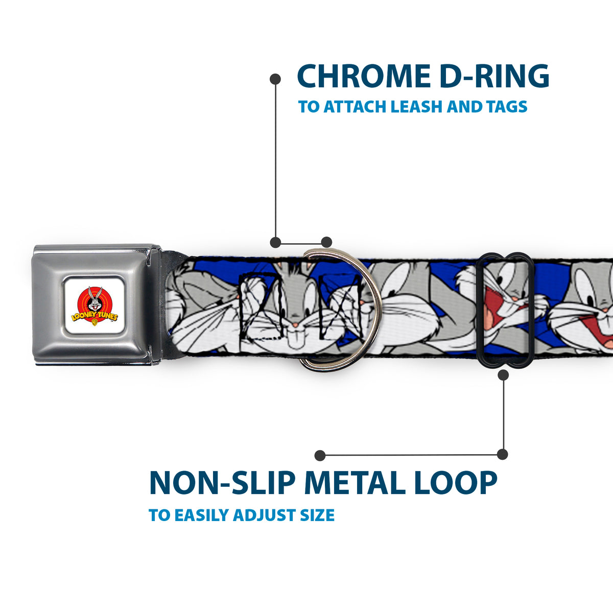 Looney Tunes Logo Full Color White Seatbelt Buckle Collar - Bugs Bunny CLOSE-UP Poses Blue Dog Collars Seatbelt Buckle Looney Tunes