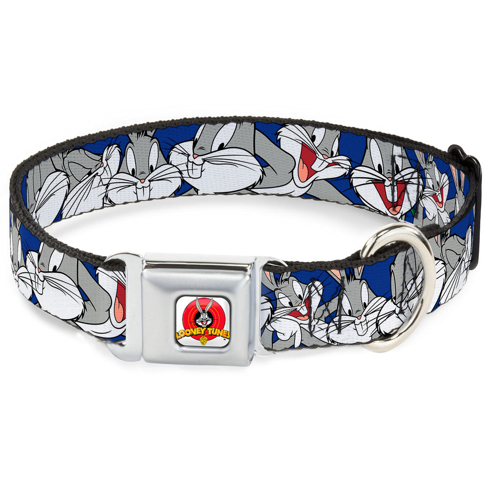 Looney Tunes Logo Full Color White Seatbelt Buckle Collar - Bugs Bunny CLOSE-UP Poses Blue Dog Collars Seatbelt Buckle Looney Tunes