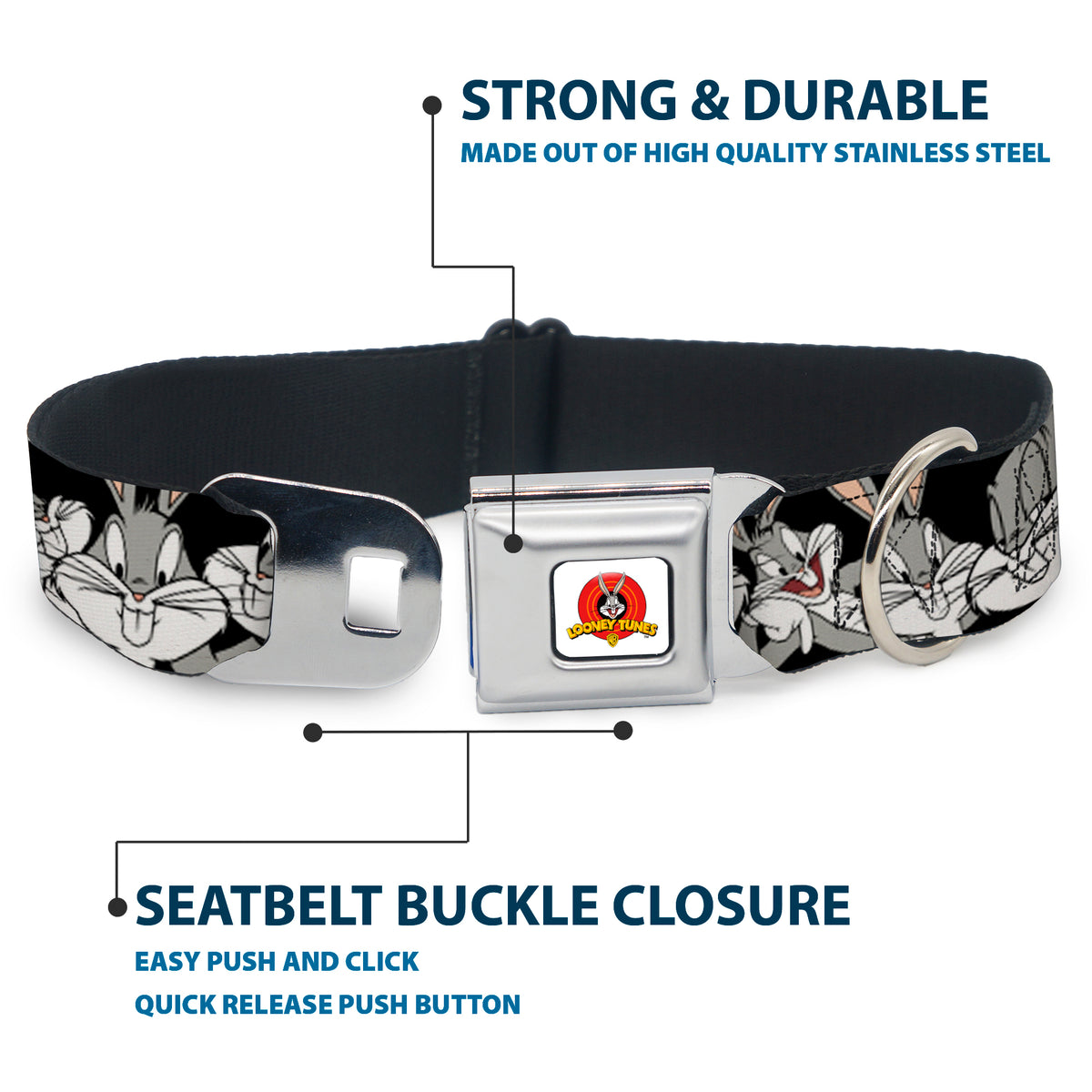 Looney Tunes Logo Full Color White Seatbelt Buckle Collar - Bugs Bunny CLOSE-UP Poses Black Dog Collars Seatbelt Buckle Looney Tunes