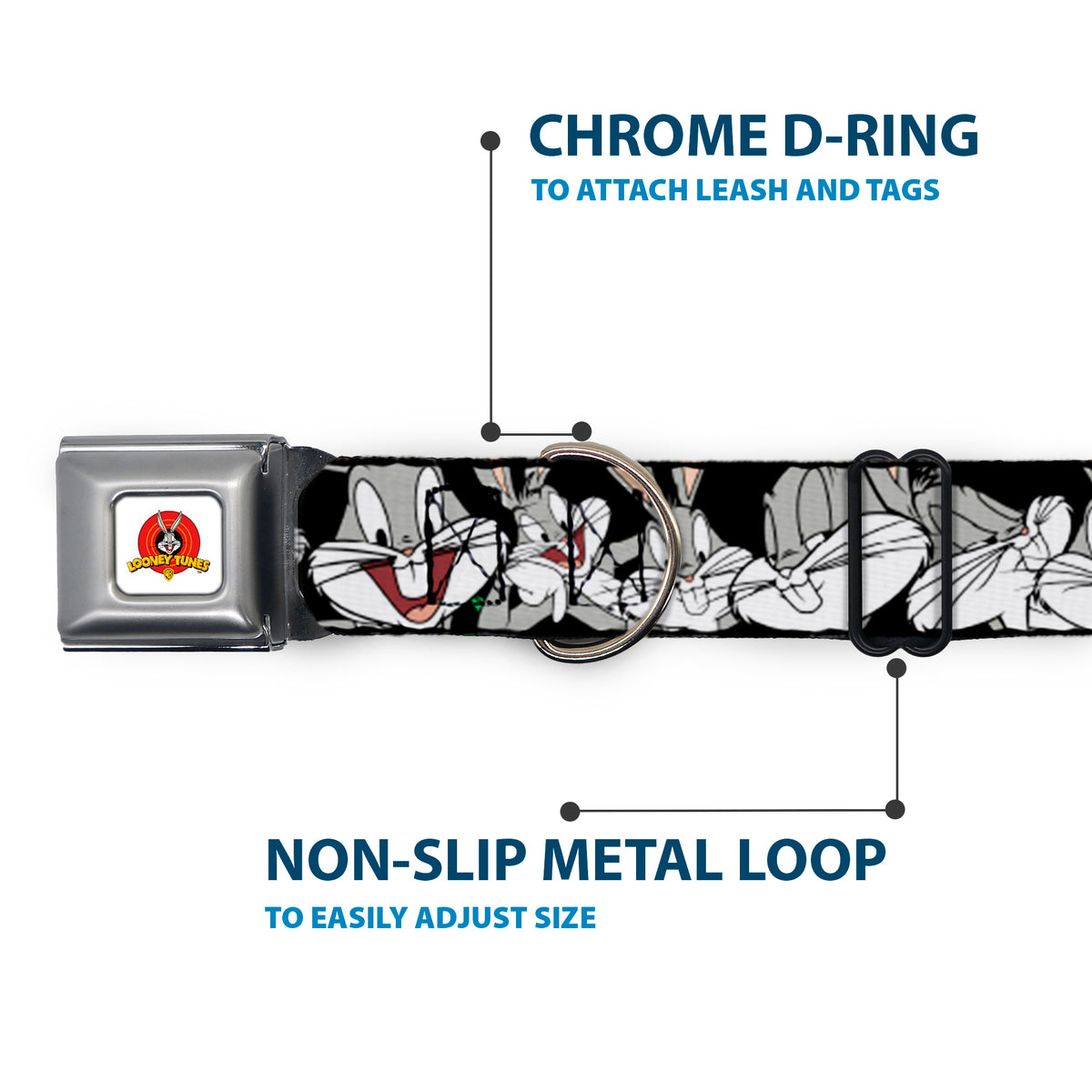 Looney Tunes Logo Full Color White Seatbelt Buckle Collar - Bugs Bunny CLOSE-UP Poses Black Dog Collars Seatbelt Buckle Looney Tunes