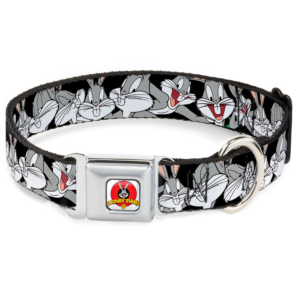 Looney Tunes Logo Full Color White Seatbelt Buckle Collar - Bugs Bunny CLOSE-UP Poses Black Dog Collars Seatbelt Buckle Looney Tunes