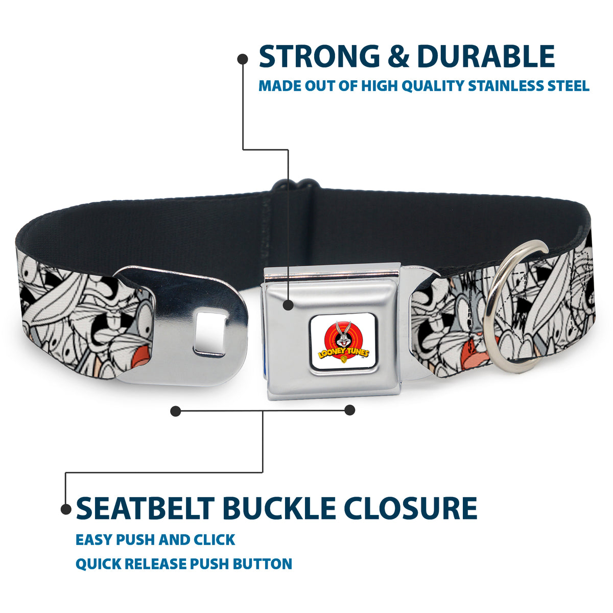 Looney Tunes Logo White Seatbelt Buckle Collar - Bugs Bunny Expressions Stacked White/Black/Gray Dog Collars Seatbelt Buckle Looney Tunes