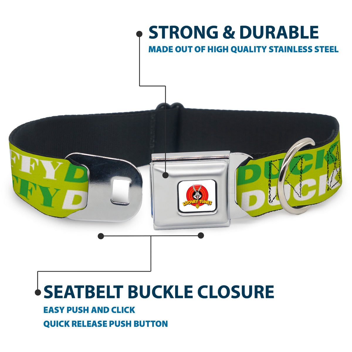 Looney Tunes Logo Full Color White Seatbelt Buckle Collar - DAFFY DUCK w/Face CLOSE-UP Greens Dog Collars Seatbelt Buckle Looney Tunes