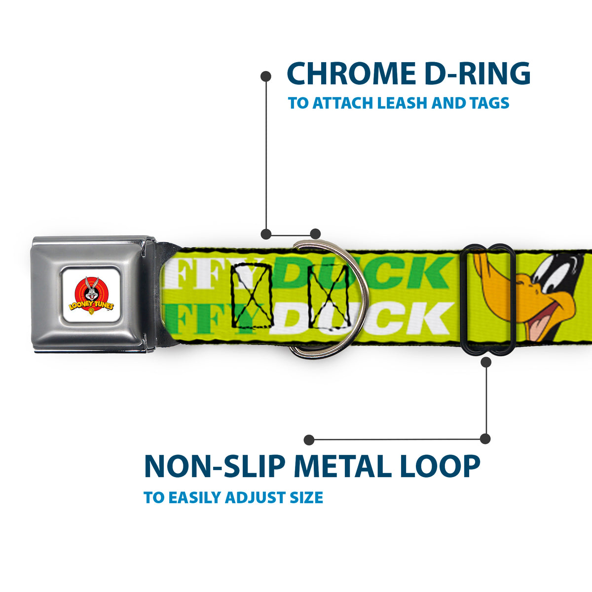 Looney Tunes Logo Full Color White Seatbelt Buckle Collar - DAFFY DUCK w/Face CLOSE-UP Greens Dog Collars Seatbelt Buckle Looney Tunes