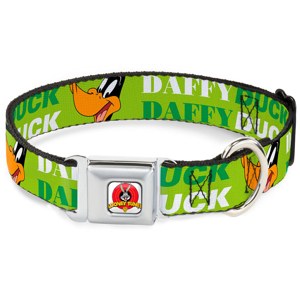 Looney Tunes Logo Full Color White Seatbelt Buckle Collar - DAFFY DUCK w/Face CLOSE-UP Greens Dog Collars Seatbelt Buckle Looney Tunes