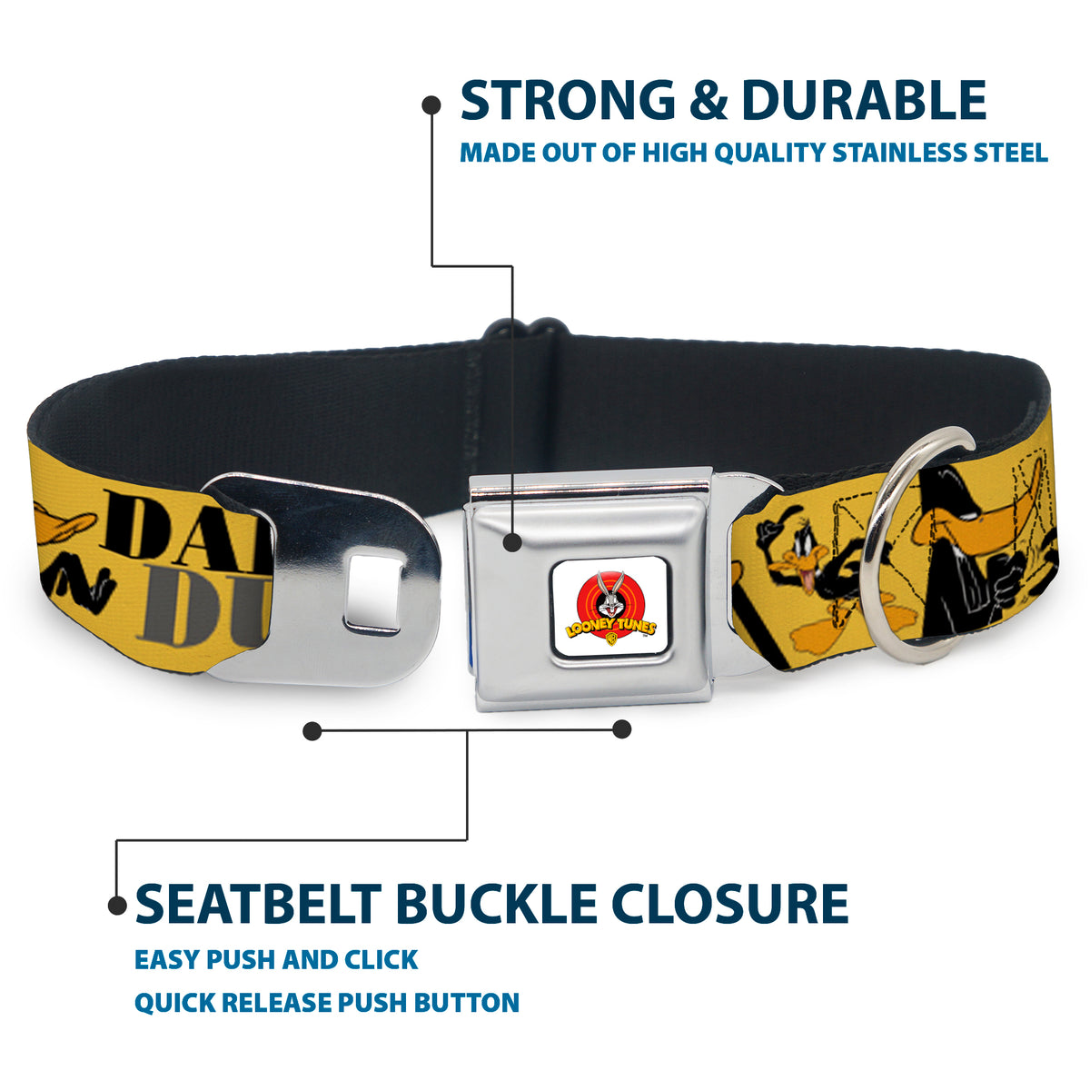 Looney Tunes Logo Full Color White Seatbelt Buckle Collar - DAFFY DUCK w/Poses Yellow/Black Dog Collars Seatbelt Buckle Looney Tunes