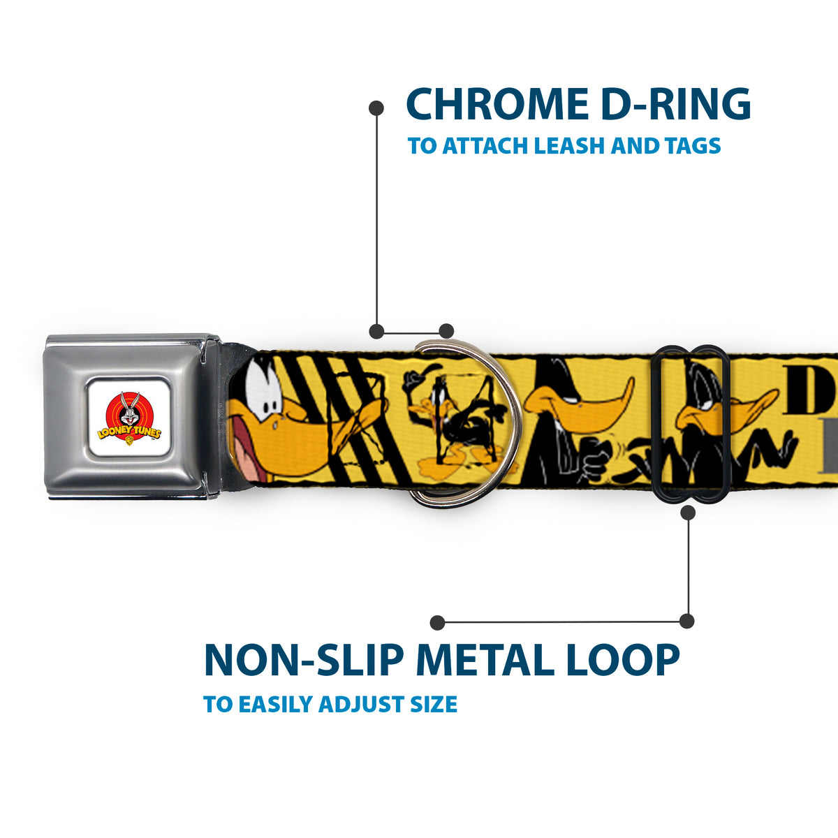 Looney Tunes Logo Full Color White Seatbelt Buckle Collar - DAFFY DUCK w/Poses Yellow/Black Dog Collars Seatbelt Buckle Looney Tunes