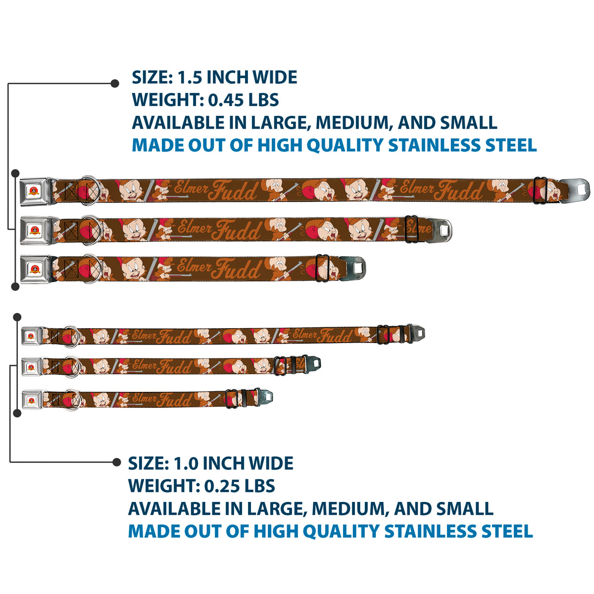 Looney Tunes Logo Full Color White Seatbelt Buckle Collar - ELMER FUDD w/Poses Browns Dog Collars Seatbelt Buckle Looney Tunes