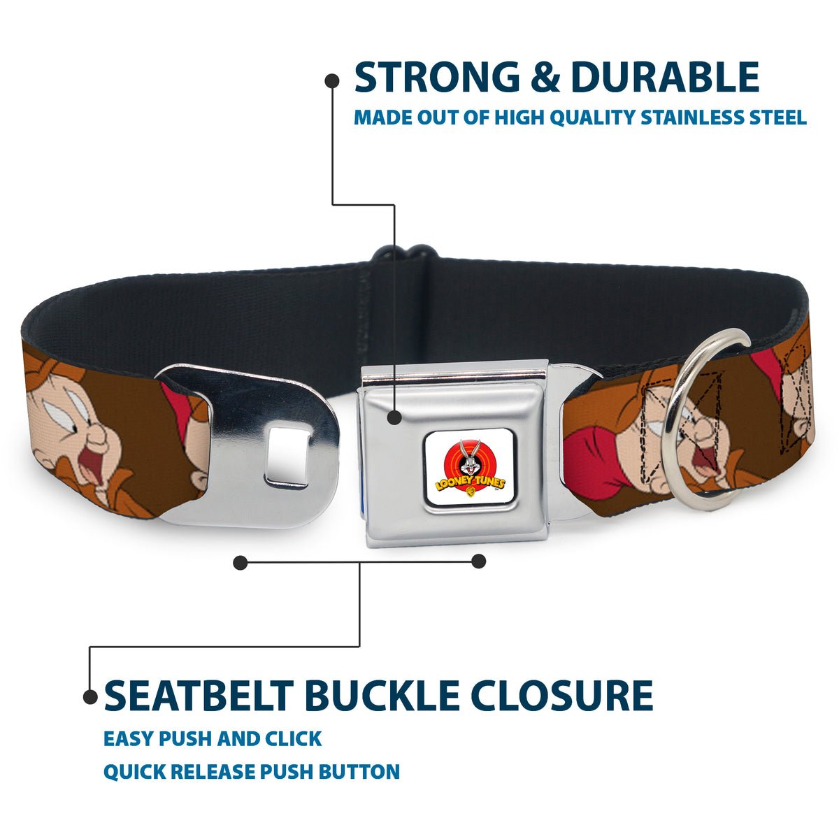 Looney Tunes Logo Full Color White Seatbelt Buckle Collar - ELMER FUDD w/Poses Browns Dog Collars Seatbelt Buckle Looney Tunes