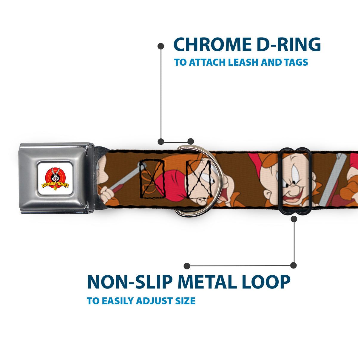 Looney Tunes Logo Full Color White Seatbelt Buckle Collar - ELMER FUDD w/Poses Browns Dog Collars Seatbelt Buckle Looney Tunes