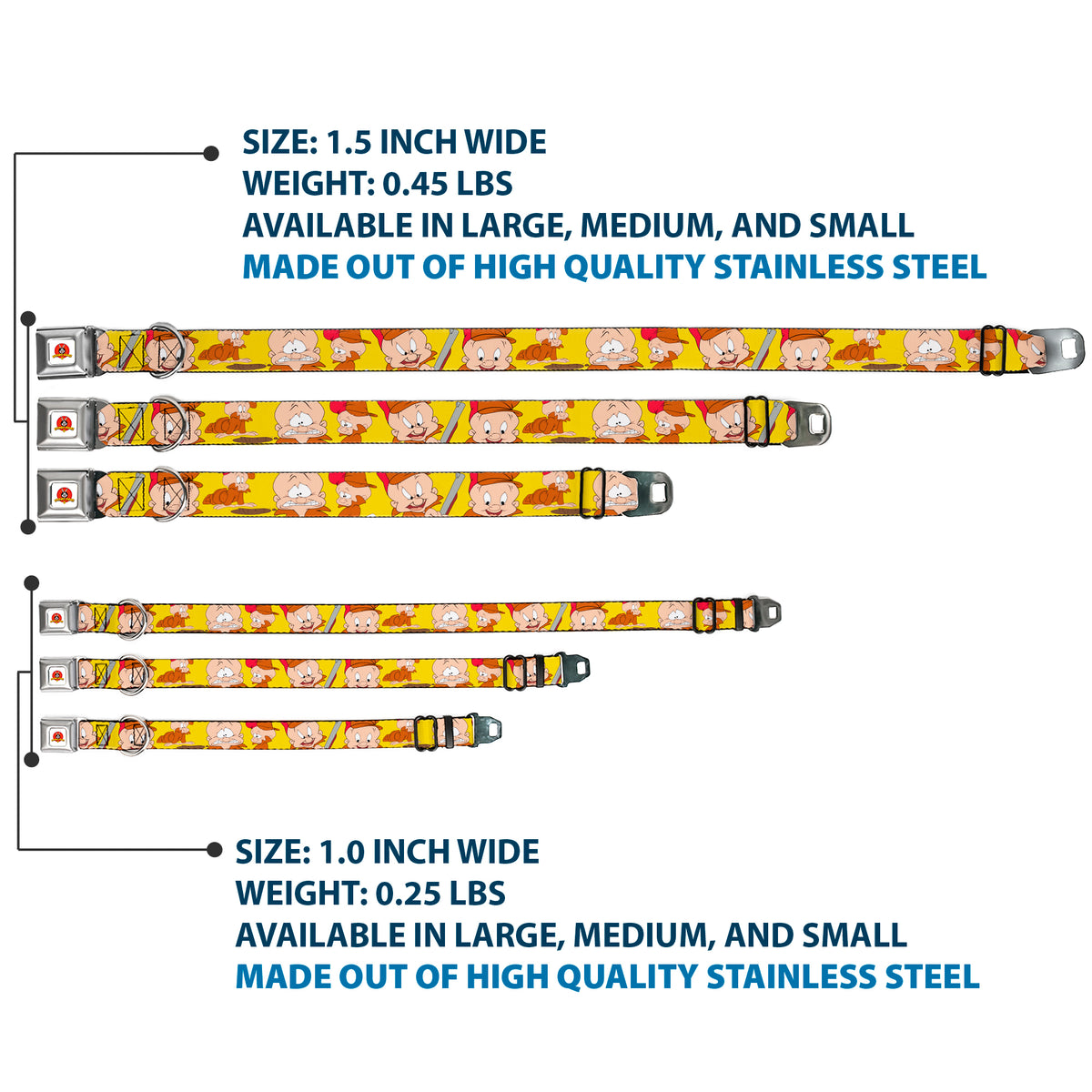 Looney Tunes Logo Full Color White Seatbelt Buckle Collar - Elmer Fudd Expressions Yellow Dog Collars Seatbelt Buckle Looney Tunes