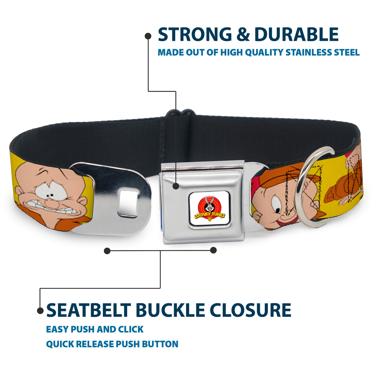 Looney Tunes Logo Full Color White Seatbelt Buckle Collar - Elmer Fudd Expressions Yellow Dog Collars Seatbelt Buckle Looney Tunes