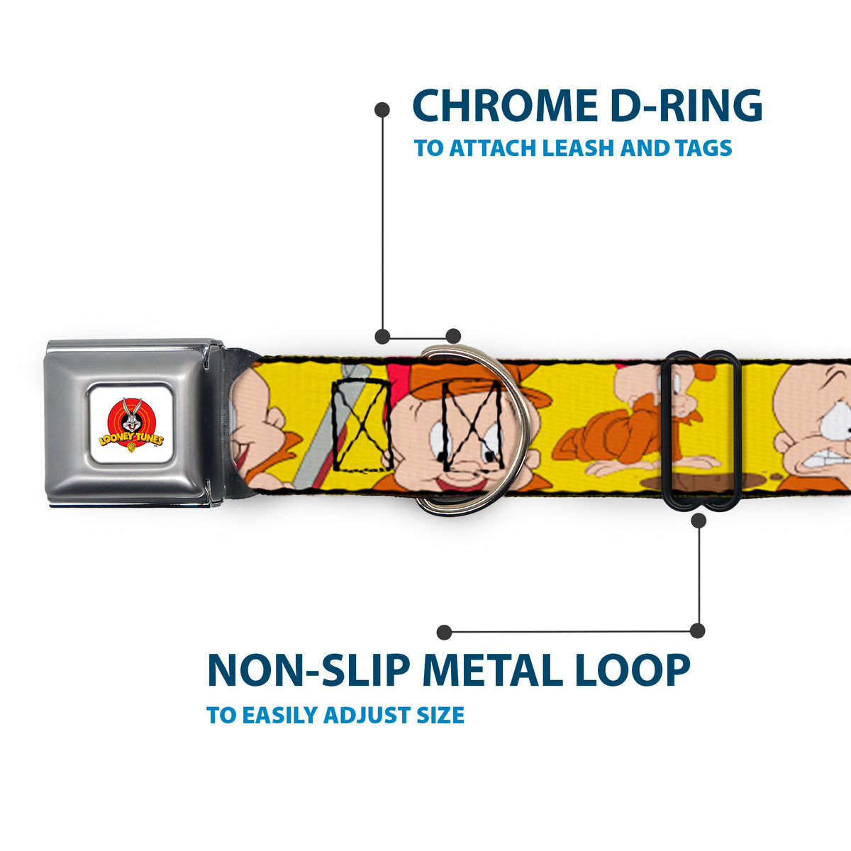 Looney Tunes Logo Full Color White Seatbelt Buckle Collar - Elmer Fudd Expressions Yellow Dog Collars Seatbelt Buckle Looney Tunes