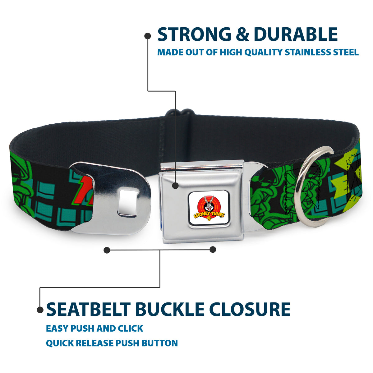 Looney Tunes Logo Full Color White Seatbelt Buckle Collar - MARVIN THE MARTIAN w/Poses Black/Turquoise Dog Collars Seatbelt Buckle Looney Tunes