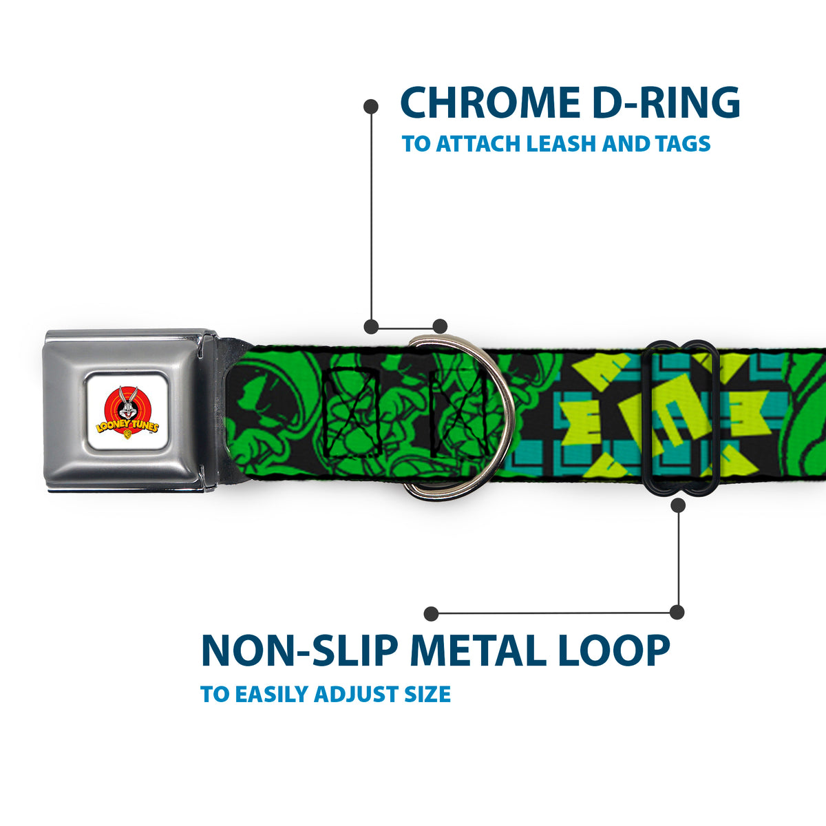 Looney Tunes Logo Full Color White Seatbelt Buckle Collar - MARVIN THE MARTIAN w/Poses Black/Turquoise Dog Collars Seatbelt Buckle Looney Tunes