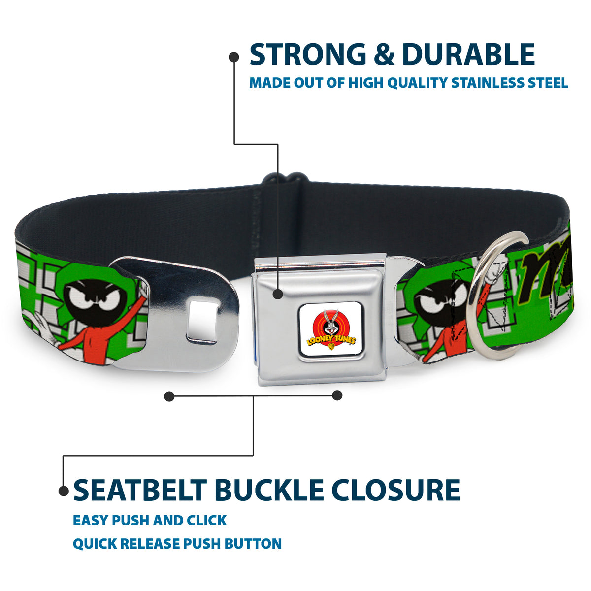Looney Tunes Logo Full Color White Seatbelt Buckle Collar - MARVIN THE MARTIAN w/Poses White/Green Dog Collars Seatbelt Buckle Looney Tunes
