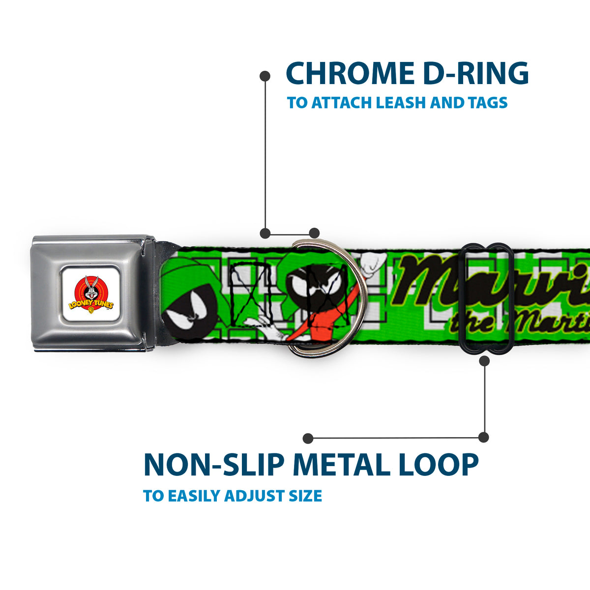 Looney Tunes Logo Full Color White Seatbelt Buckle Collar - MARVIN THE MARTIAN w/Poses White/Green Dog Collars Seatbelt Buckle Looney Tunes