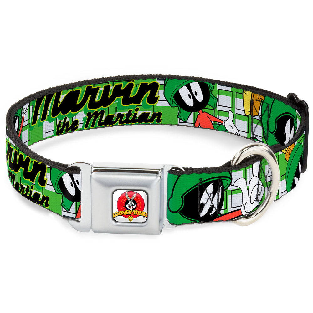 Looney Tunes Logo Full Color White Seatbelt Buckle Collar - MARVIN THE MARTIAN w/Poses White/Green Dog Collars Seatbelt Buckle Looney Tunes