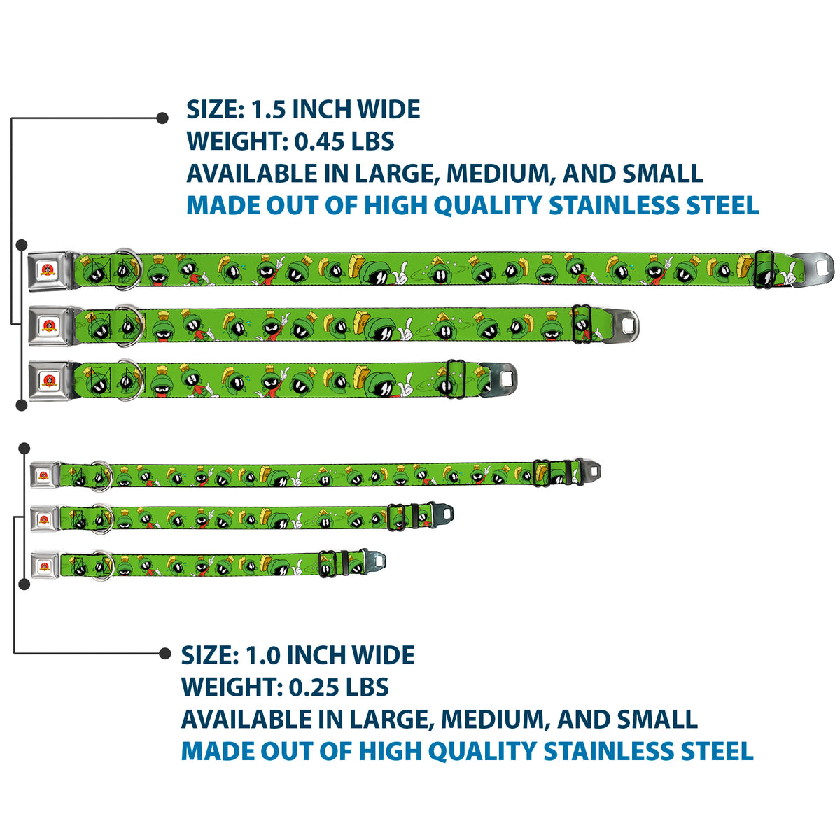 Looney Tunes Logo Full Color White Seatbelt Buckle Collar - MARVIN THE MARTIAN w/Poses/Expressions Green Dog Collars Seatbelt Buckle Looney Tunes