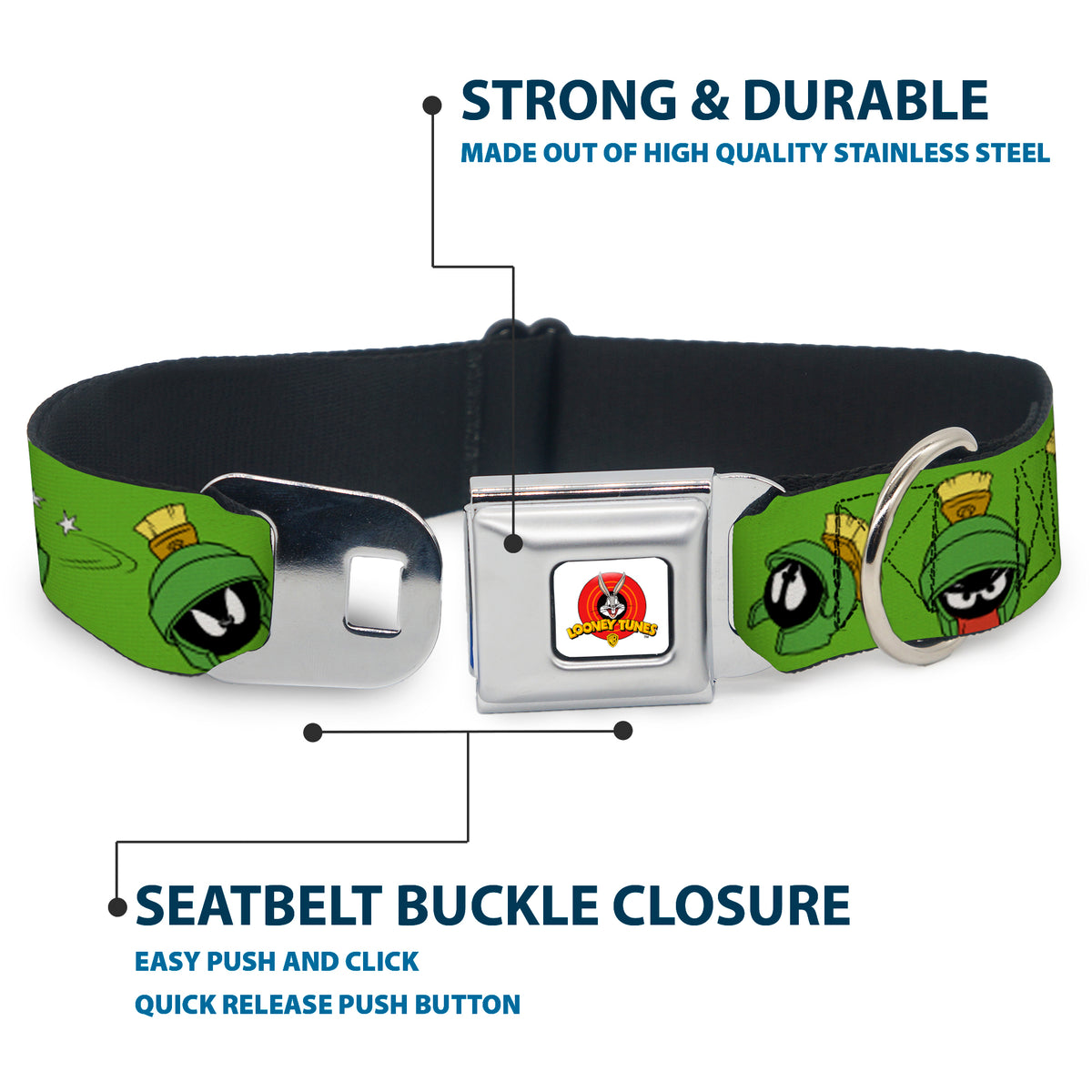 Looney Tunes Logo Full Color White Seatbelt Buckle Collar - MARVIN THE MARTIAN w/Poses/Expressions Green Dog Collars Seatbelt Buckle Looney Tunes