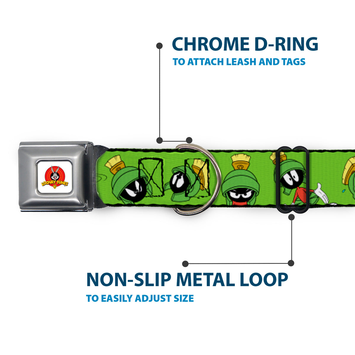 Looney Tunes Logo Full Color White Seatbelt Buckle Collar - MARVIN THE MARTIAN w/Poses/Expressions Green Dog Collars Seatbelt Buckle Looney Tunes
