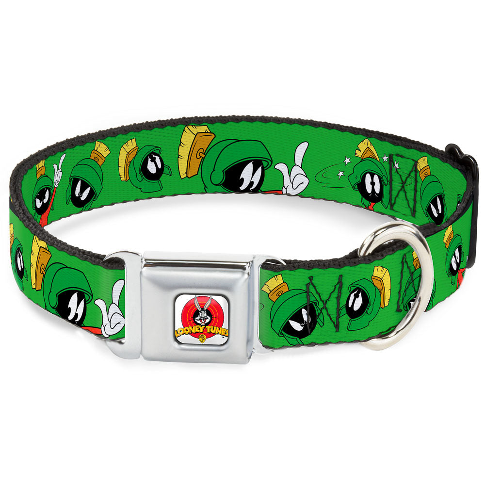 Looney Tunes Logo Full Color White Seatbelt Buckle Collar - MARVIN THE MARTIAN w/Poses/Expressions Green Dog Collars Seatbelt Buckle Looney Tunes