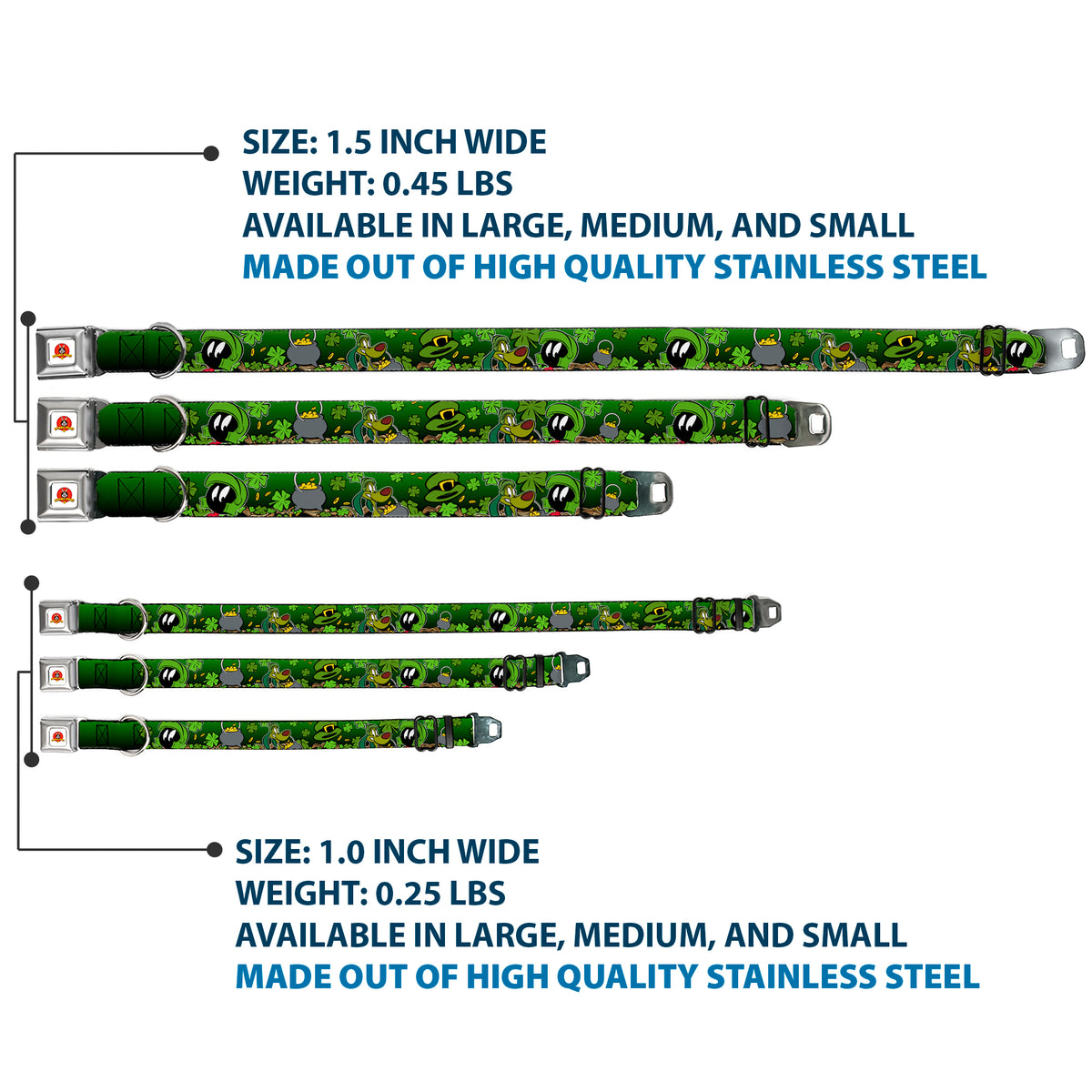 Looney Tunes Logo Full Color White Seatbelt Buckle Collar - Marvin the Martian & K-9 Poses/Clovers Greens Dog Collars Seatbelt Buckle Looney Tunes