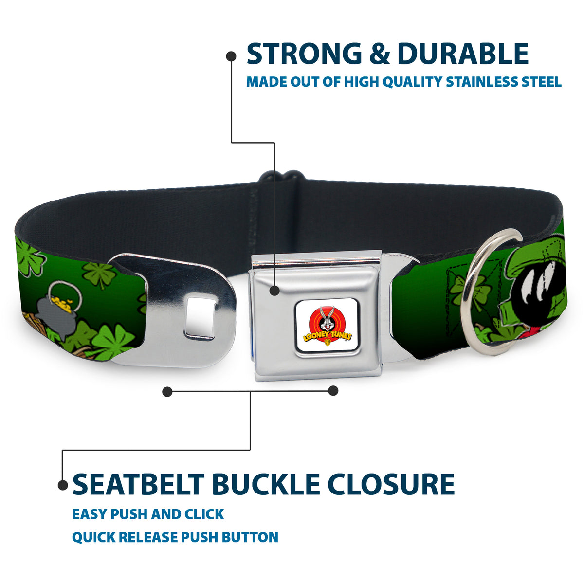 Looney Tunes Logo Full Color White Seatbelt Buckle Collar - Marvin the Martian & K-9 Poses/Clovers Greens Dog Collars Seatbelt Buckle Looney Tunes
