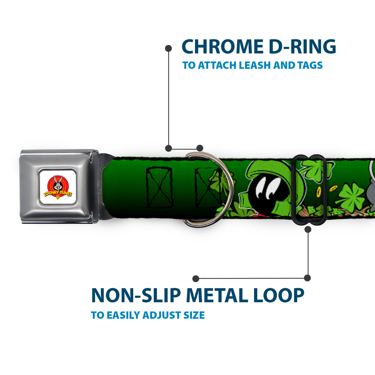 Looney Tunes Logo Full Color White Seatbelt Buckle Collar - Marvin the Martian & K-9 Poses/Clovers Greens Dog Collars Seatbelt Buckle Looney Tunes