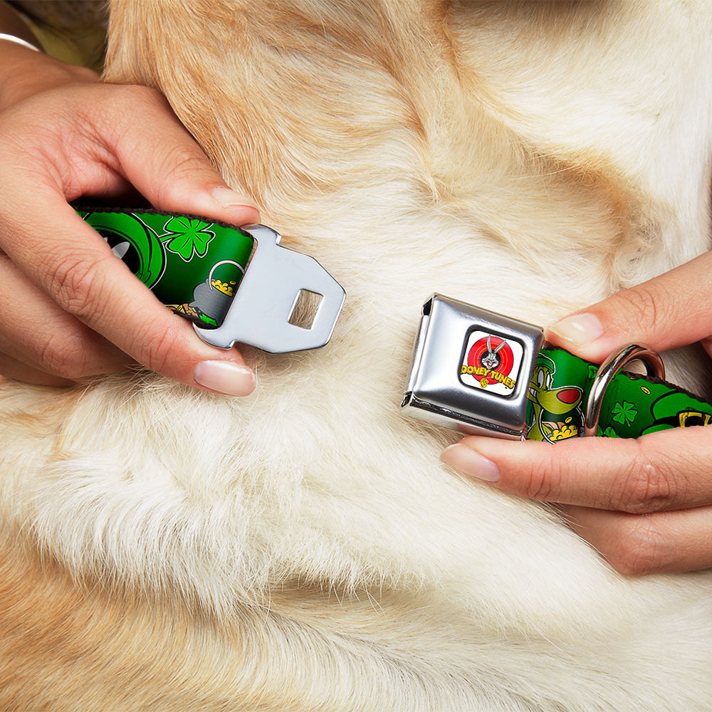 Looney Tunes Logo Full Color White Seatbelt Buckle Collar - Marvin the Martian & K-9 Poses/Clovers Greens Dog Collars Seatbelt Buckle Looney Tunes