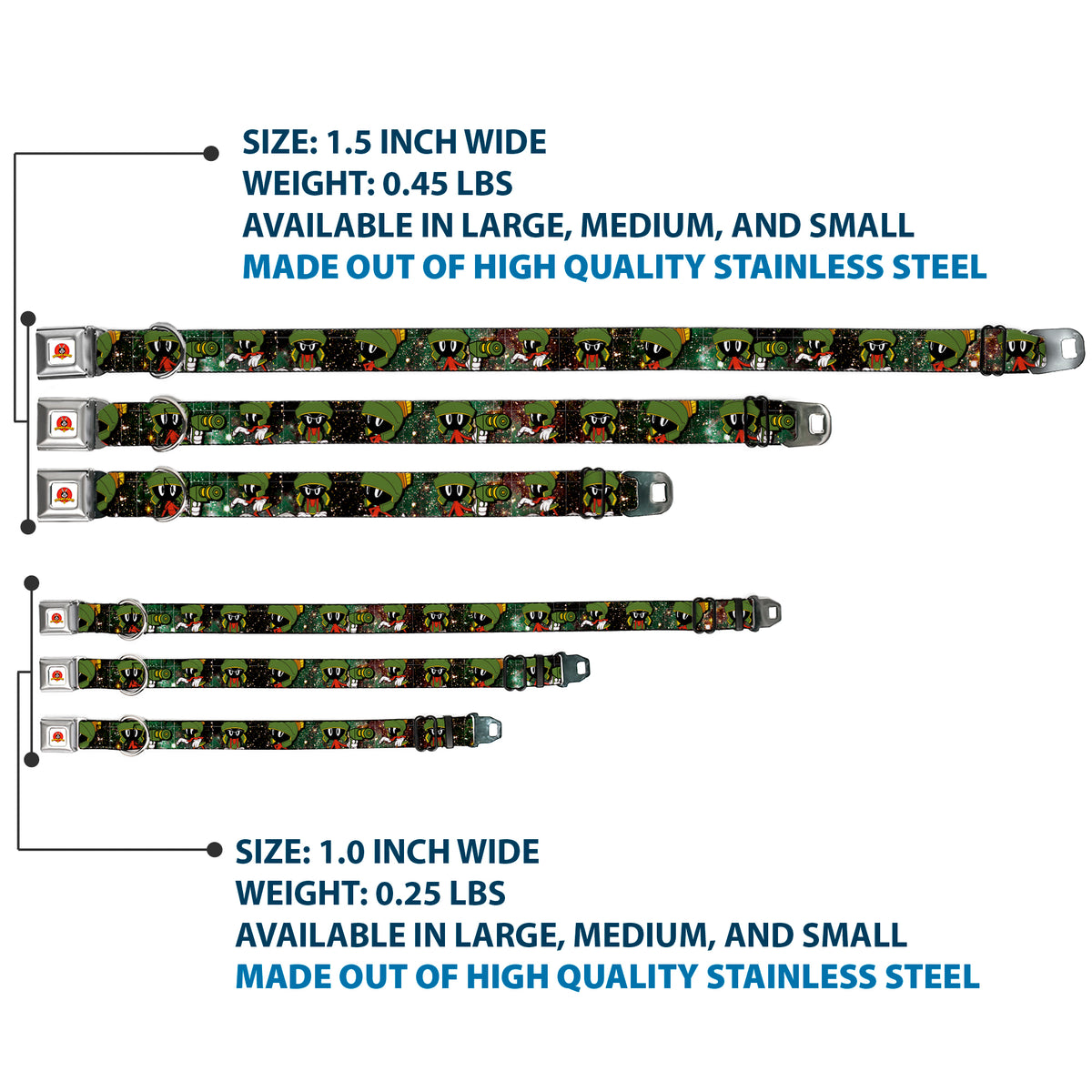 Looney Tunes Logo White Seatbelt Buckle Collar - Marvin the Martian 4-Poses Galaxy Dog Collars Seatbelt Buckle Looney Tunes