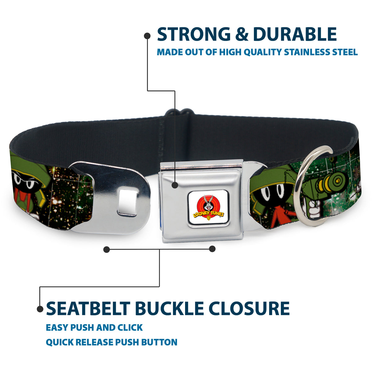 Looney Tunes Logo White Seatbelt Buckle Collar - Marvin the Martian 4-Poses Galaxy Dog Collars Seatbelt Buckle Looney Tunes