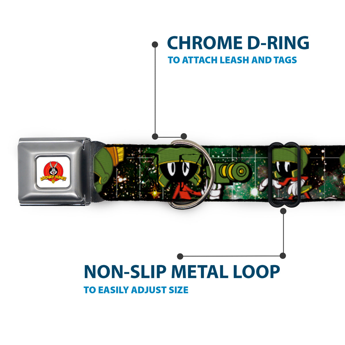 Looney Tunes Logo White Seatbelt Buckle Collar - Marvin the Martian 4-Poses Galaxy Dog Collars Seatbelt Buckle Looney Tunes