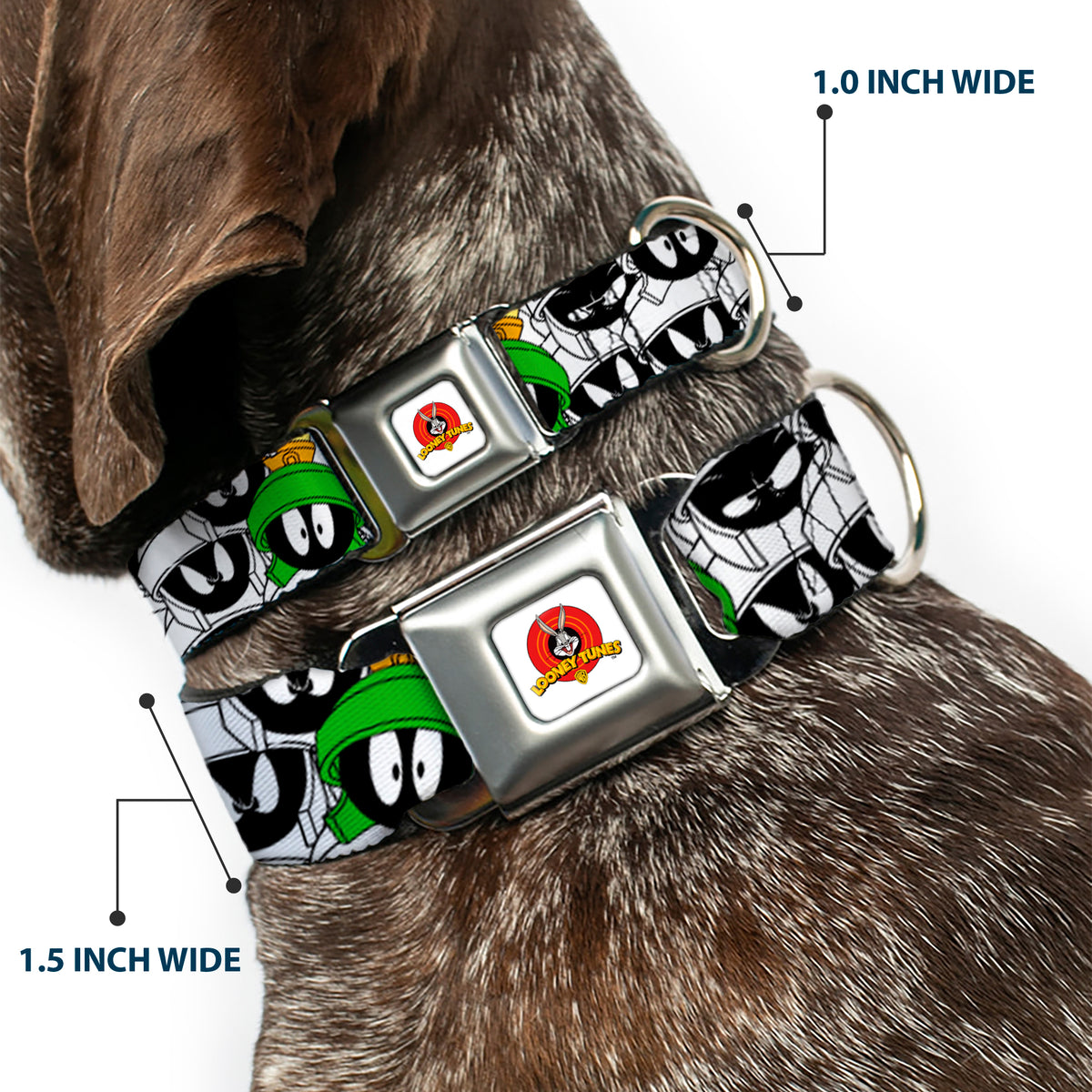 Looney Tunes Logo White Seatbelt Buckle Collar - Marvin the Martian Expressions Stacked White/Black/Green/Gold Dog Collars Seatbelt Buckle Looney Tunes