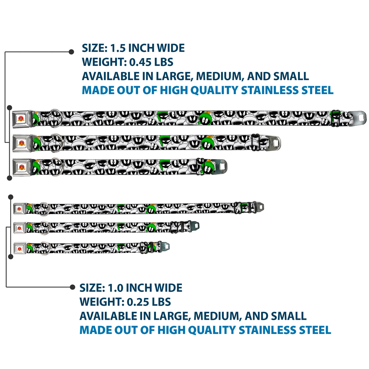 Looney Tunes Logo White Seatbelt Buckle Collar - Marvin the Martian Expressions Stacked White/Black/Green/Gold Dog Collars Seatbelt Buckle Looney Tunes