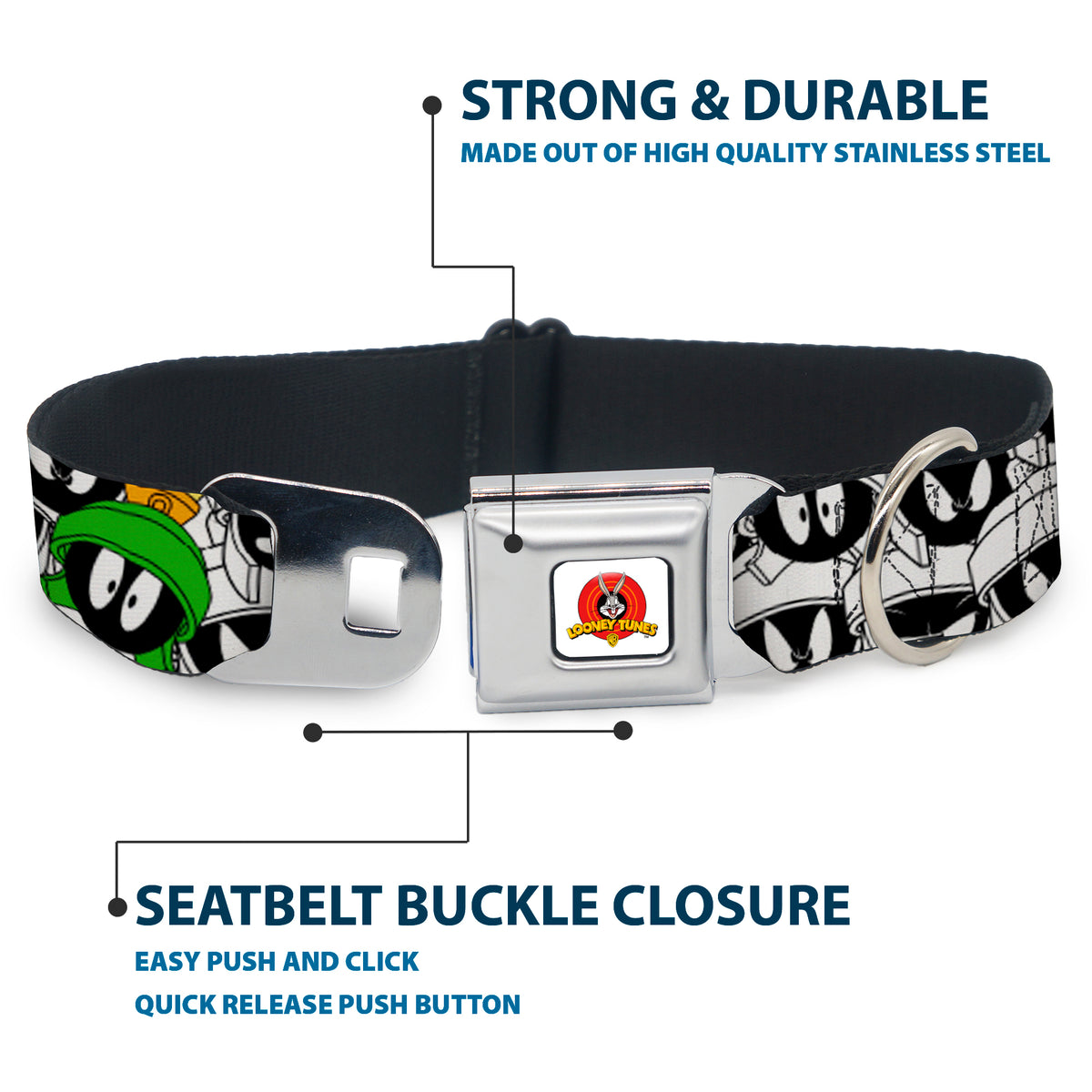 Looney Tunes Logo White Seatbelt Buckle Collar - Marvin the Martian Expressions Stacked White/Black/Green/Gold Dog Collars Seatbelt Buckle Looney Tunes