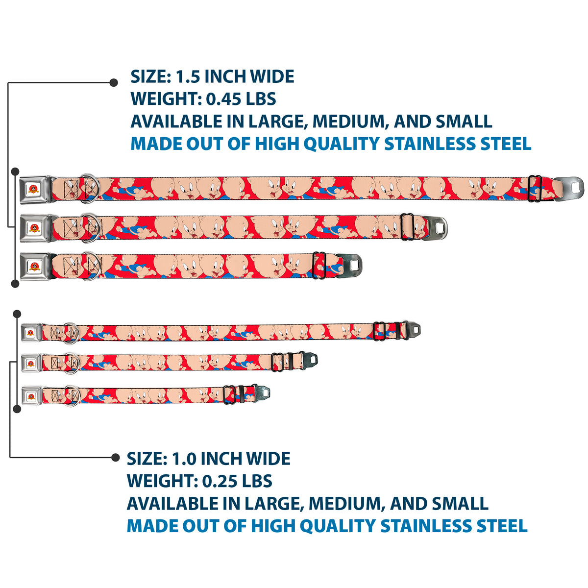Looney Tunes Logo Full Color White Seatbelt Buckle Collar - Porky Pig Expressions Red Dog Collars Seatbelt Buckle Looney Tunes