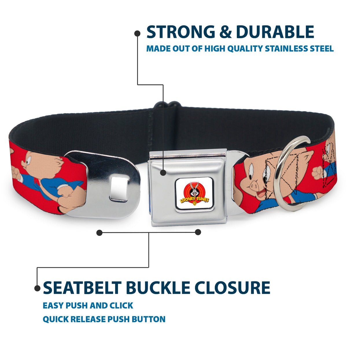 Looney Tunes Logo Full Color White Seatbelt Buckle Collar - Porky Pig Expressions Red Dog Collars Seatbelt Buckle Looney Tunes