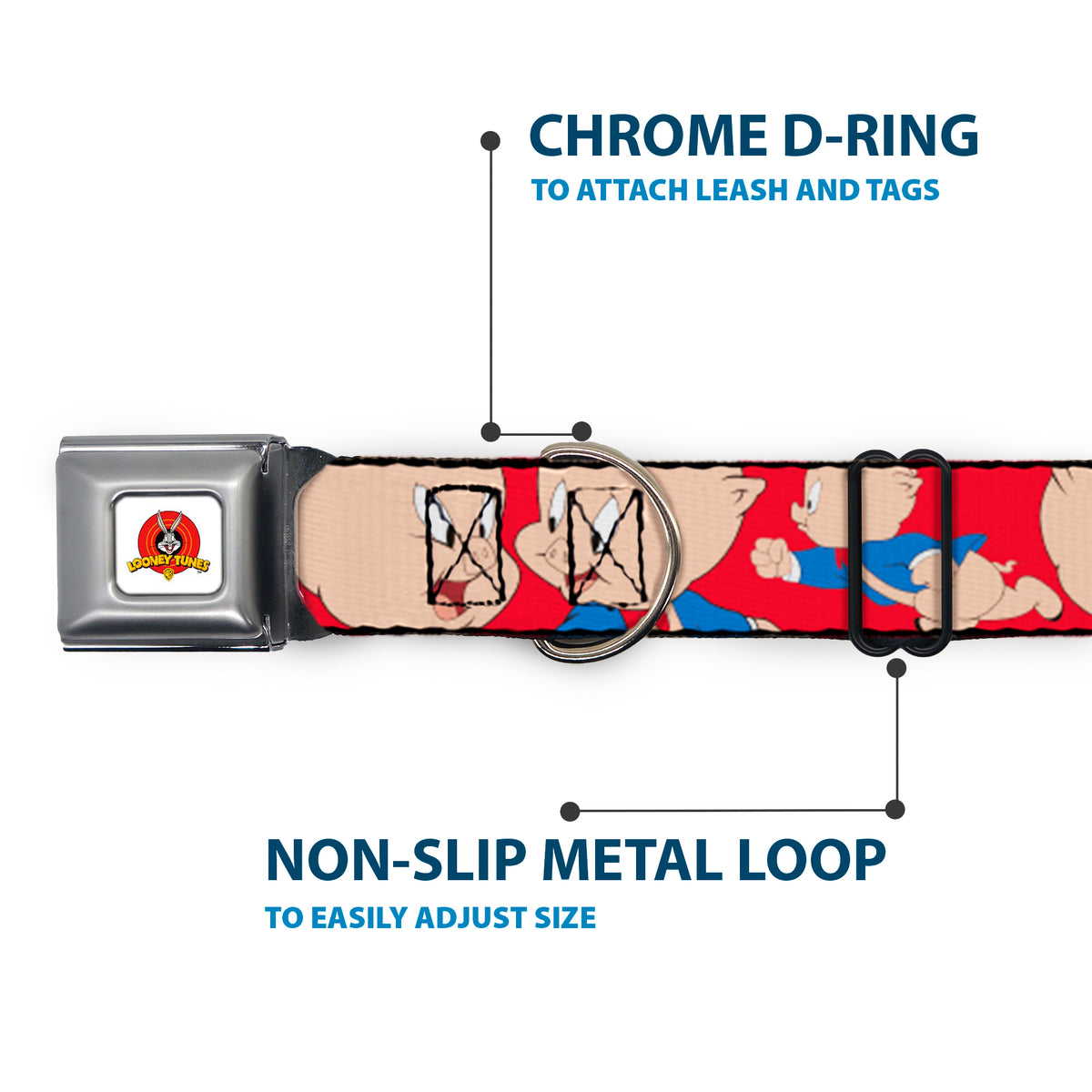 Looney Tunes Logo Full Color White Seatbelt Buckle Collar - Porky Pig Expressions Red Dog Collars Seatbelt Buckle Looney Tunes