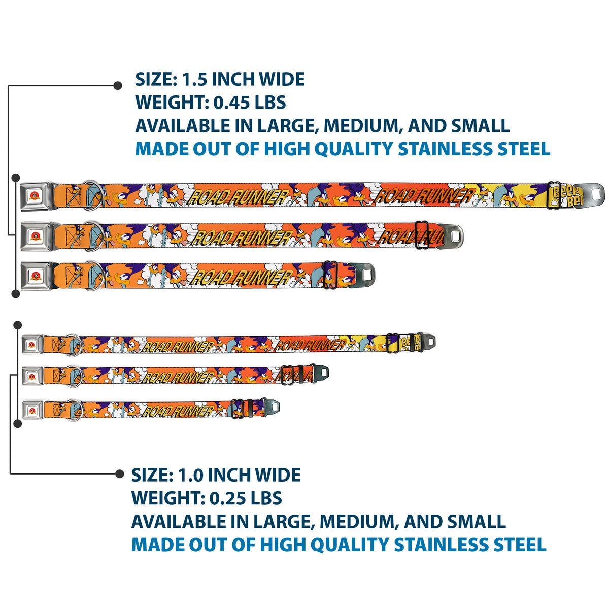 Looney Tunes Logo White Seatbelt Buckle Collar - ROAD RUNNER w/Road Runner Poses Orange Dog Collars Seatbelt Buckle Looney Tunes