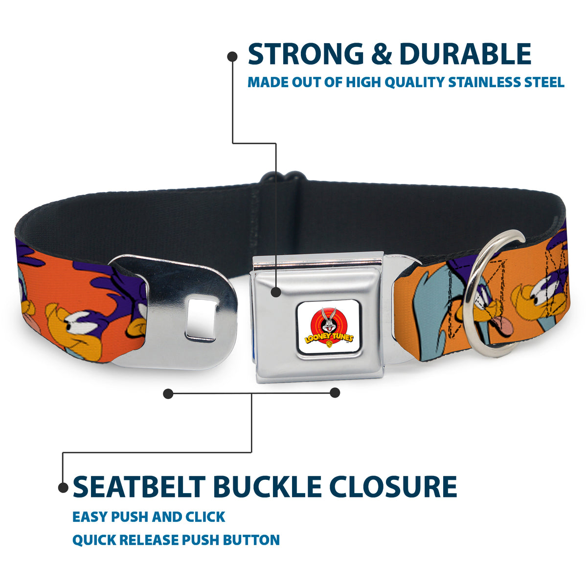 Looney Tunes Logo White Seatbelt Buckle Collar - ROAD RUNNER w/Road Runner Poses Orange Dog Collars Seatbelt Buckle Looney Tunes