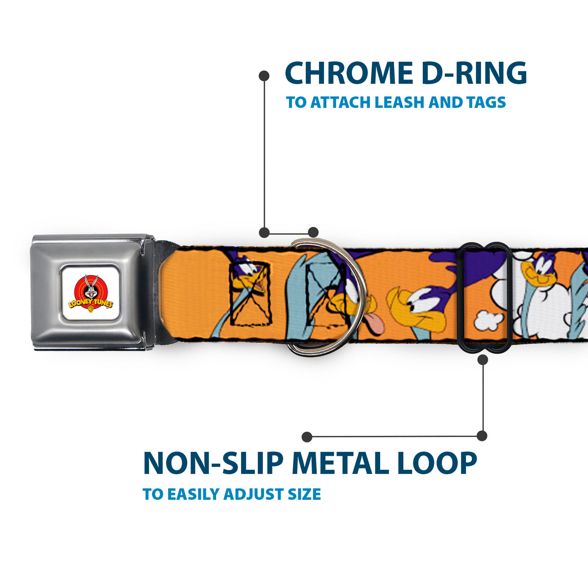 Looney Tunes Logo White Seatbelt Buckle Collar - ROAD RUNNER w/Road Runner Poses Orange Dog Collars Seatbelt Buckle Looney Tunes
